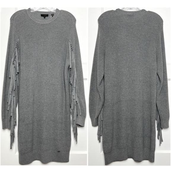 NWT TED BAKER Wool Blend Rib Knit Fringe Trim Long Sleeve Cocoon Sweater Dress 4 - Picture 9 of 13
